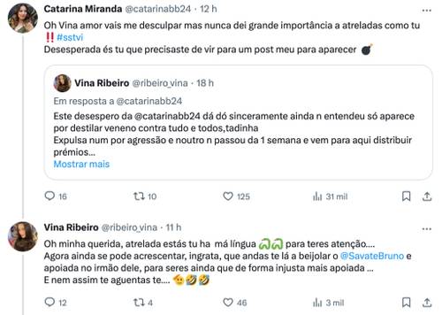 Vina Ribeiro responde ao ataque de Catarina Miranda: &quote;má língua, ingrata&quote;