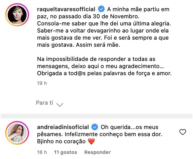 Andreia Dinis solidária com Raquel Tavares: “Infelizmente conheço bem essa dor”