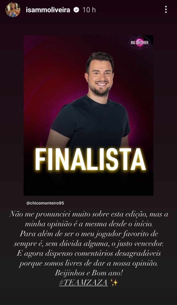 Isa Oliveira [O Triângulo] apoia finalista do “Big Brother 2023”: “Dispenso comentários desagradáveis”