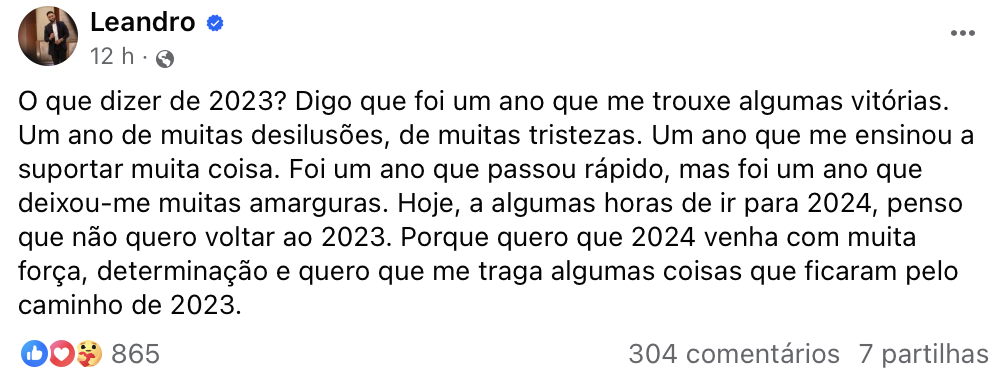 Leandro despede-se de 2023: “Um ano de muitas desilusões, muitas tristezas, muitas amarguras”