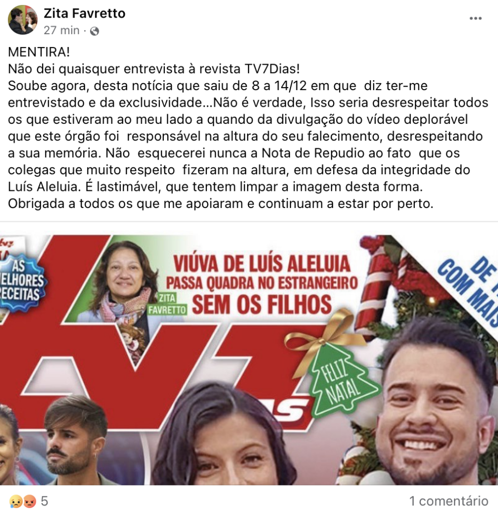 Viúva de Luís Aleluia denuncia revista: “MENTIRA! É lastimável”