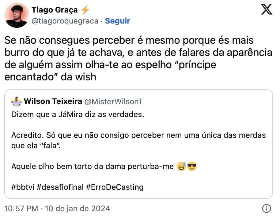 Tiago Graça indignado com Wilson Teixeira: "Antes de falares da aparência de alguém, olha-te ao espelho"