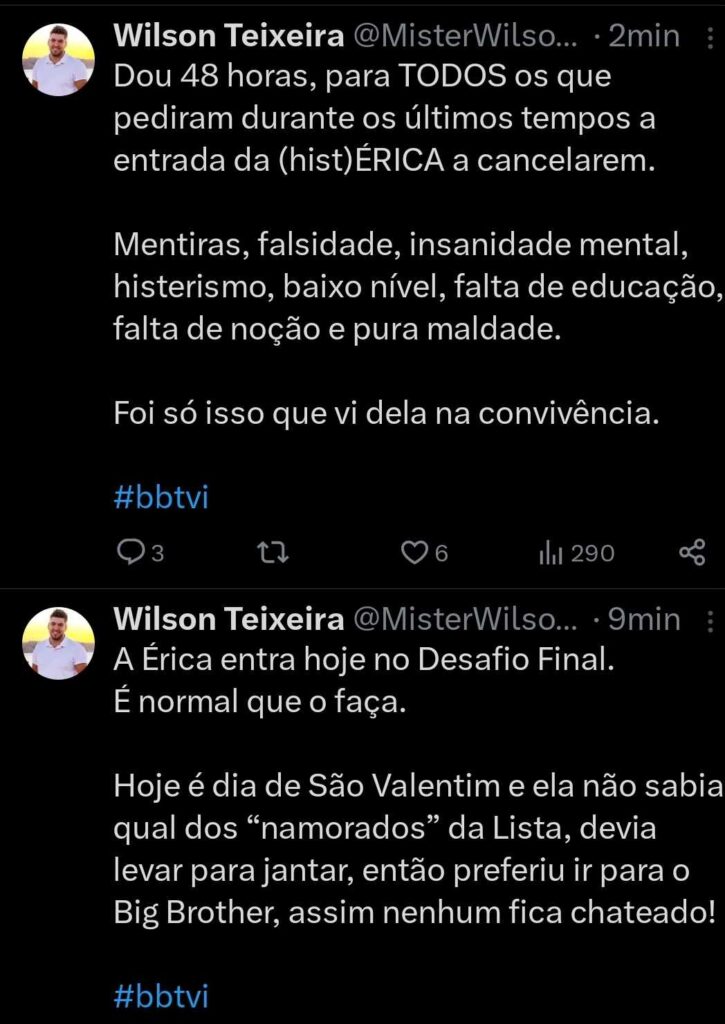 Wilson Teixeira implacável com Érica Silva: "Mentiras, falsidade, baixo nível, pura maldade"