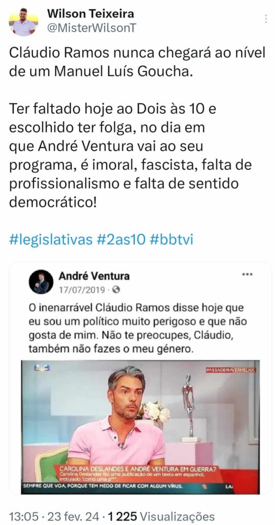 Wilson Teixeira arrasa Cláudio Ramos por causa de André Ventura