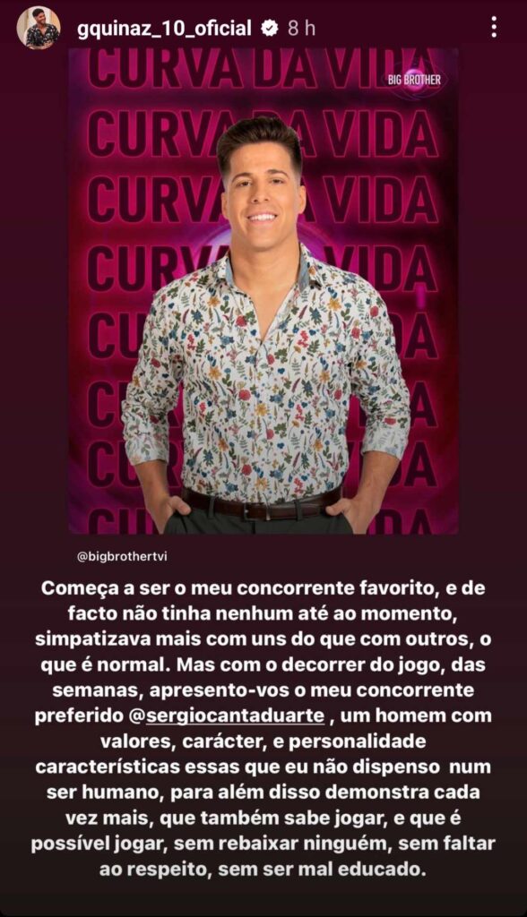 Gonçalo Quinaz sobre Sérgio Duarte do Big Brother: “Começa a ser o meu concorrente favorito”