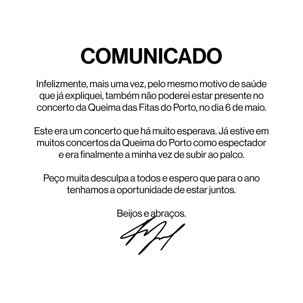 Novo comunicado de Fernando Daniel! Mais um concerto cancelado devido à pneumonia