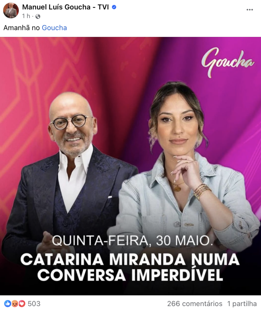 Está confirmado! Manuel Luís Goucha anuncia "conversa imperdível" com Catarina Miranda