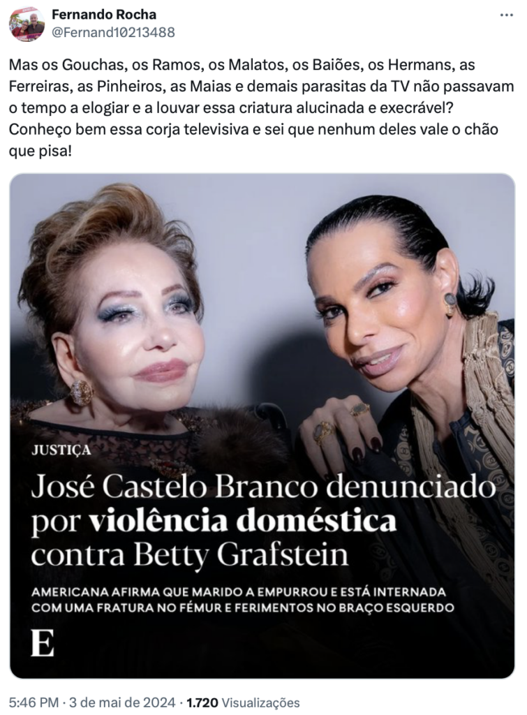 Marido de Maria Vieira dá a cara e ataca José Castelo Branco e Betty Grafstein