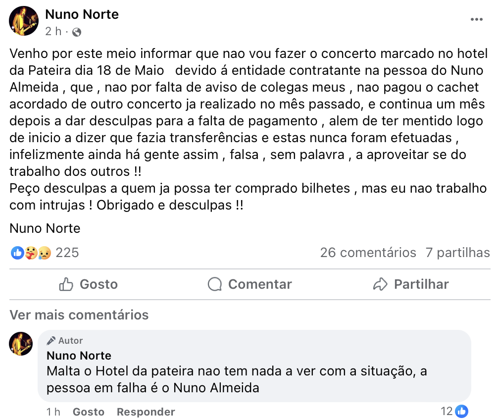 Cantor Nuno Norte cancela concerto e denuncia calote