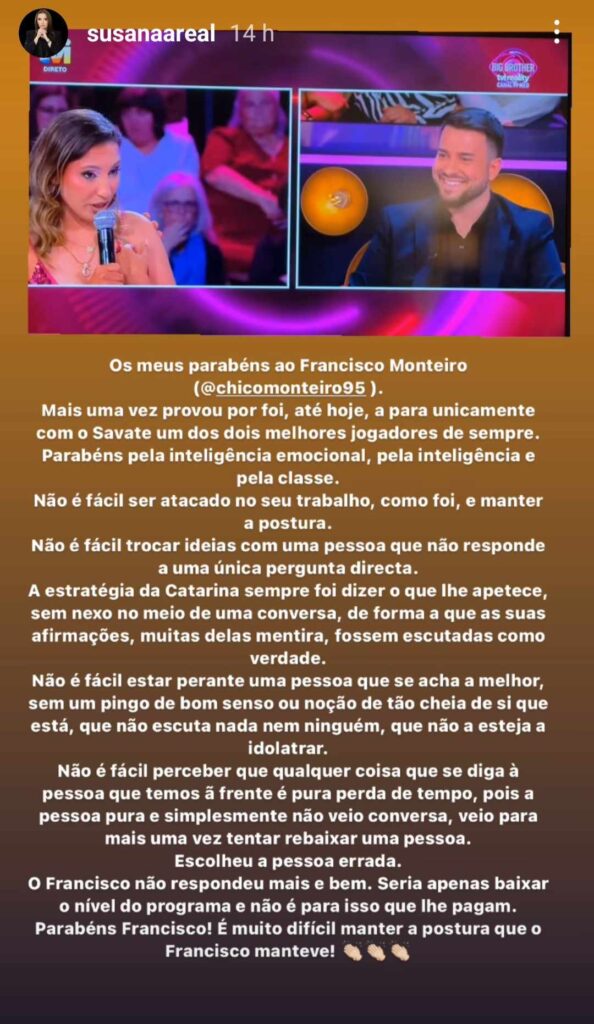 Susana Areal comenta confronto entre Catarina Miranda e Francisco Monteiro - Big Brother