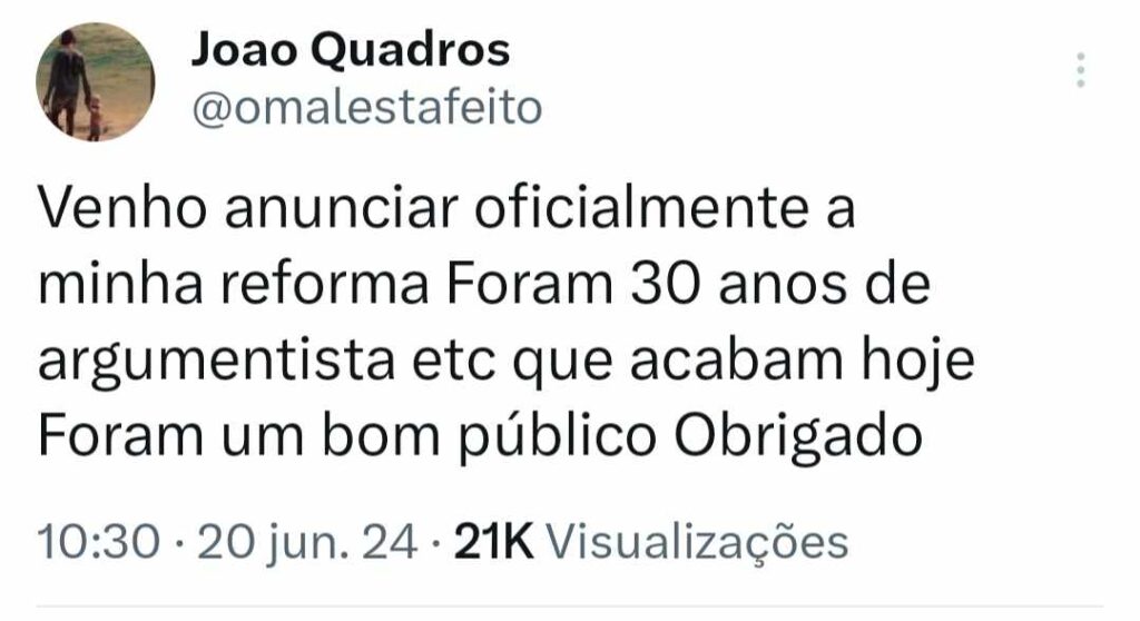 João Quadros faz anúncio: "Foram 30 anos que acabam hoje"