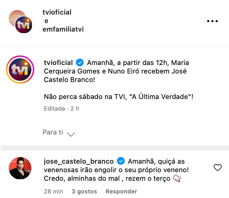 "A Última Verdade": José Castelo Branco reage após anúncio de nova entrevista na TVI