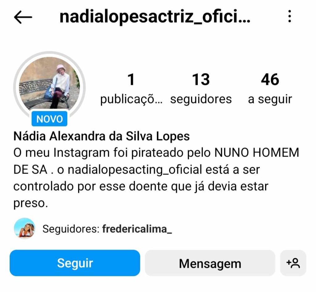 A nova conta de Nádia Lopes no Instagram