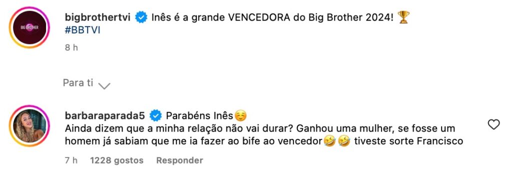 A reação insólita de Bárbara Parada à vitória de Inês Morais no “Big Brother 2024”