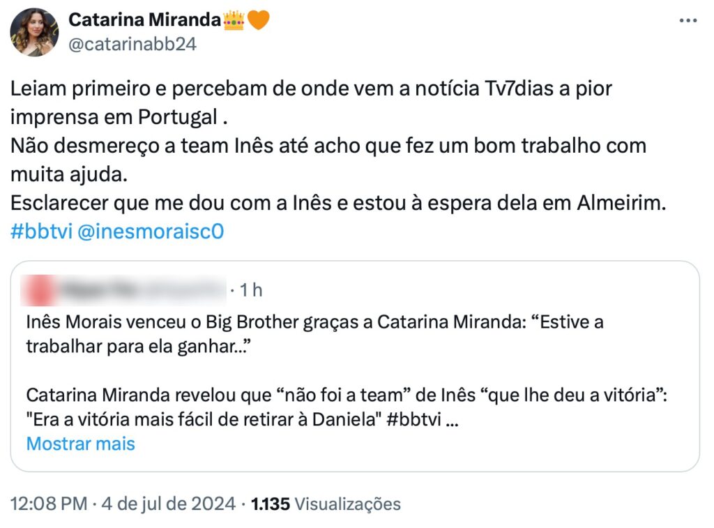 Inês Morais ganhou o Big Brother graças a Catarina Miranda? Ex-concorrente esclarece
