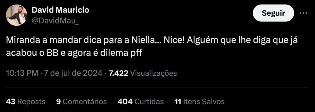 David Maurício sobre Catarina Miranda: "Alguém que lhe diga que já acabou o Big Brother"