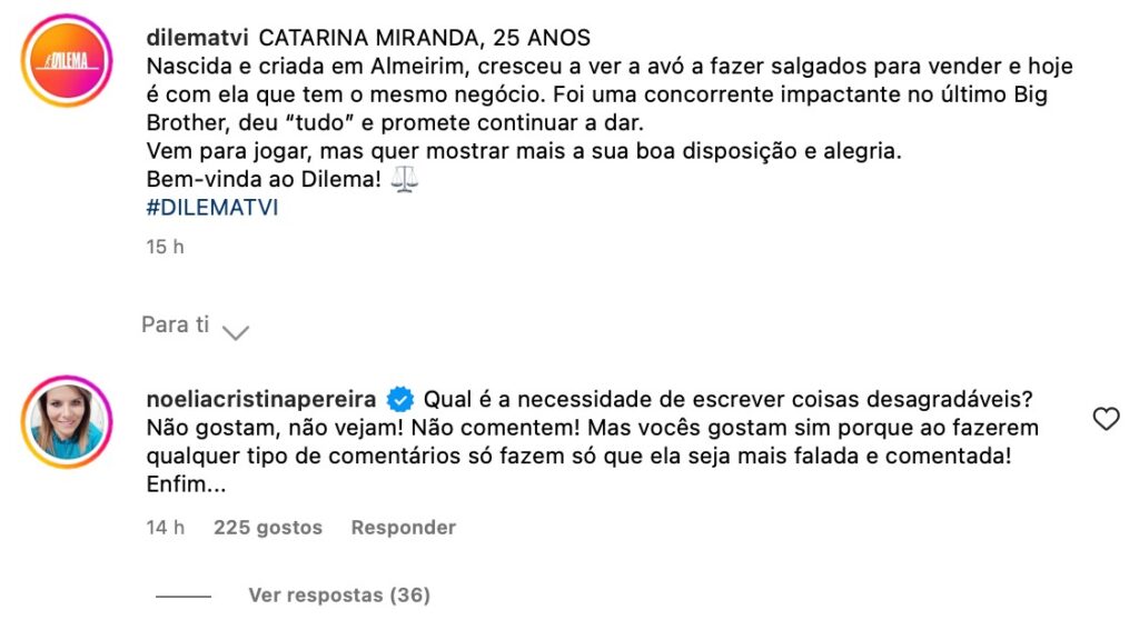 Noélia Pereira indignada com comentários “desagradáveis” sobre Catarina Miranda