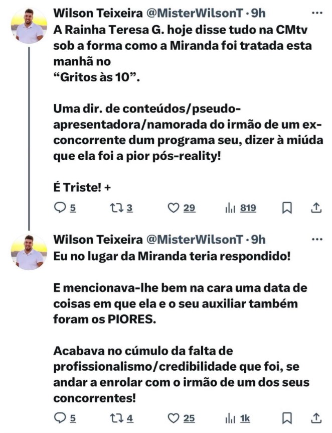 Wilson Teixeira reage ao 'puxão de orelhas' de Cristina Ferreira a Catarina Miranda: "Eu teria respondido!"