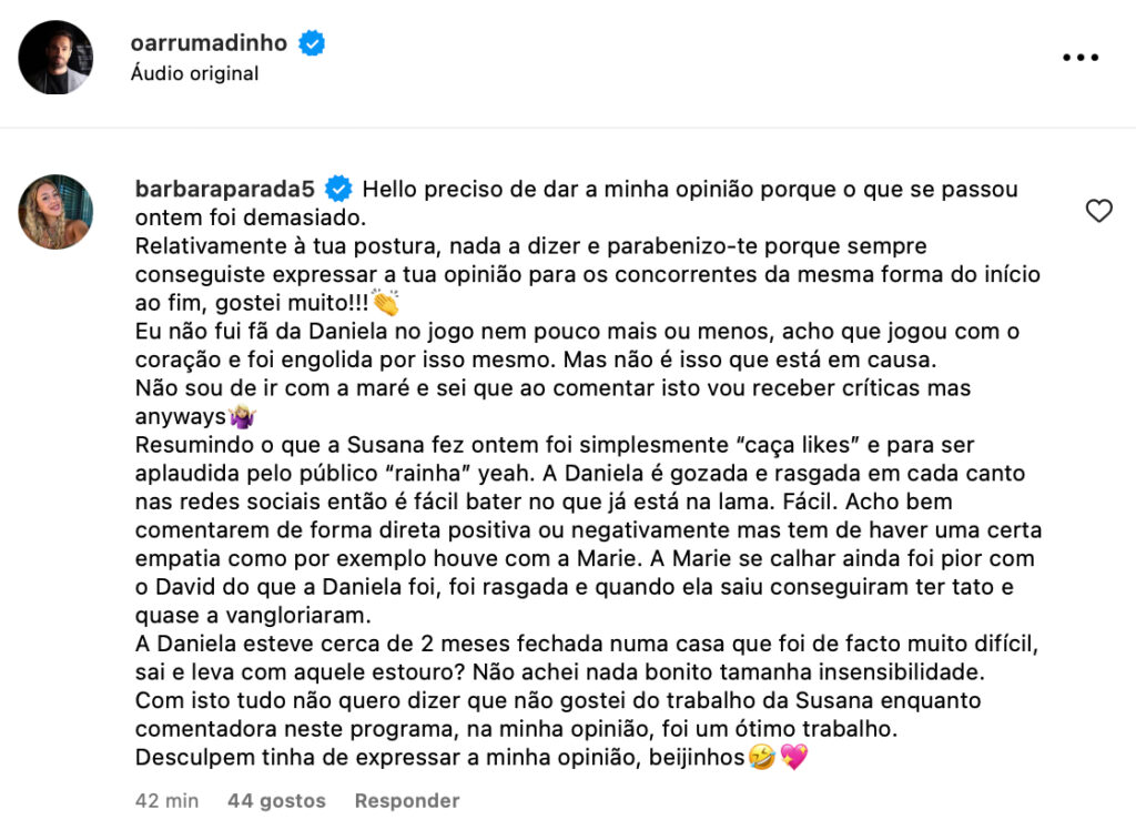 Bárbara Parada aponta o dedo a Susana Dias Ramos: "O que fez foi simplesmente 'caça likes' e para ser aplaudida pelo público"