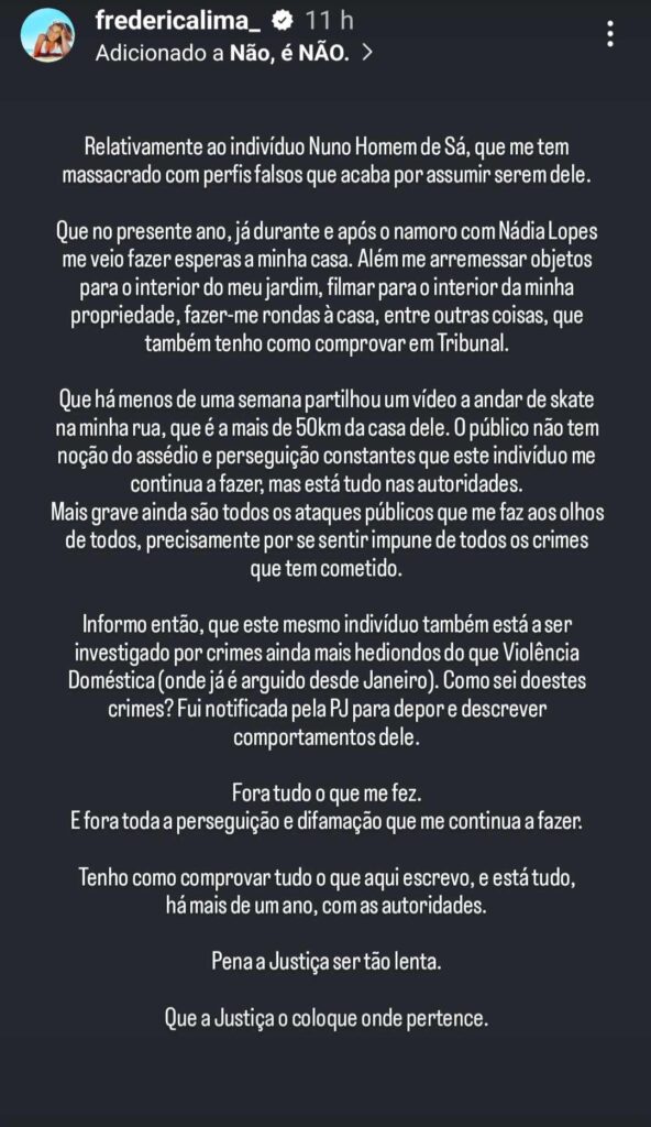 Frederica Lima acusa Nuno Homem de Sá de perseguição e revela: "está a ser investigado por crimes ainda mais hediondos"