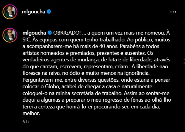 A mensagem de Manuel Luís Goucha após vencer o Globo de Ouro