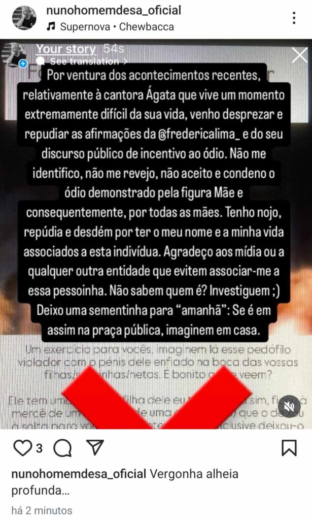 Nuno Homem de Sá repudia ataque da 'ex' Frederica Lima à cantora Ágata: "Tenho nojo"