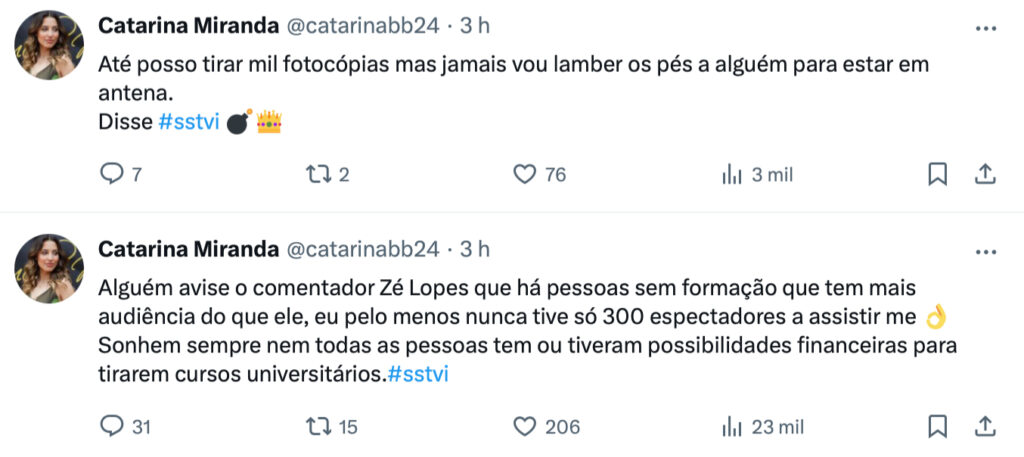 Zé Lopes é o novo alvo de Catarina Miranda: "Jamais vou lamber os pés a alguém para estar em antena"