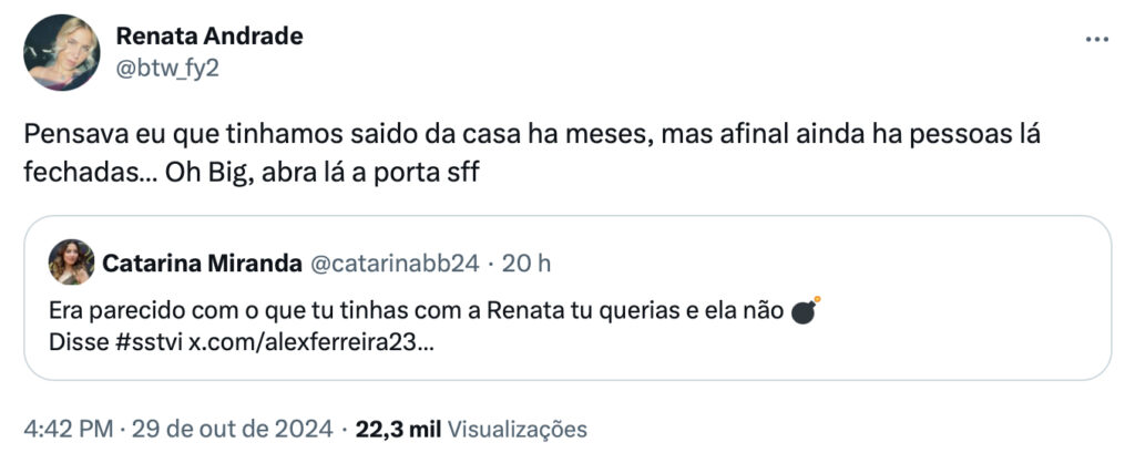 Renata Andrade 'atira-se' a Catarina Miranda: "Ó Big, abra lá a porta da casa"