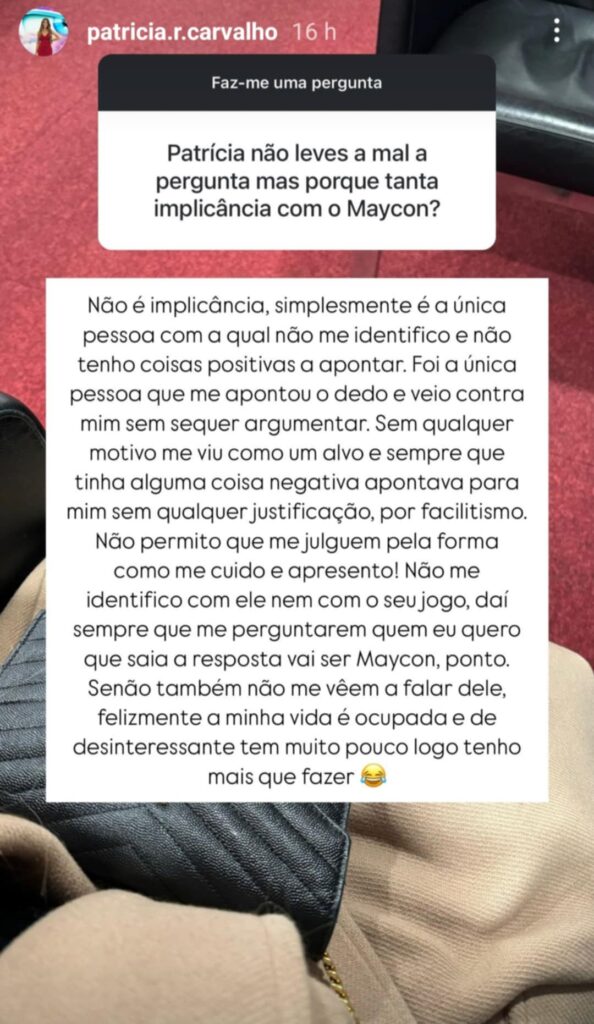 Ex-concorrente do "Secret Story 8" confrontada: "Porquê tanta implicância com o Maycon?"