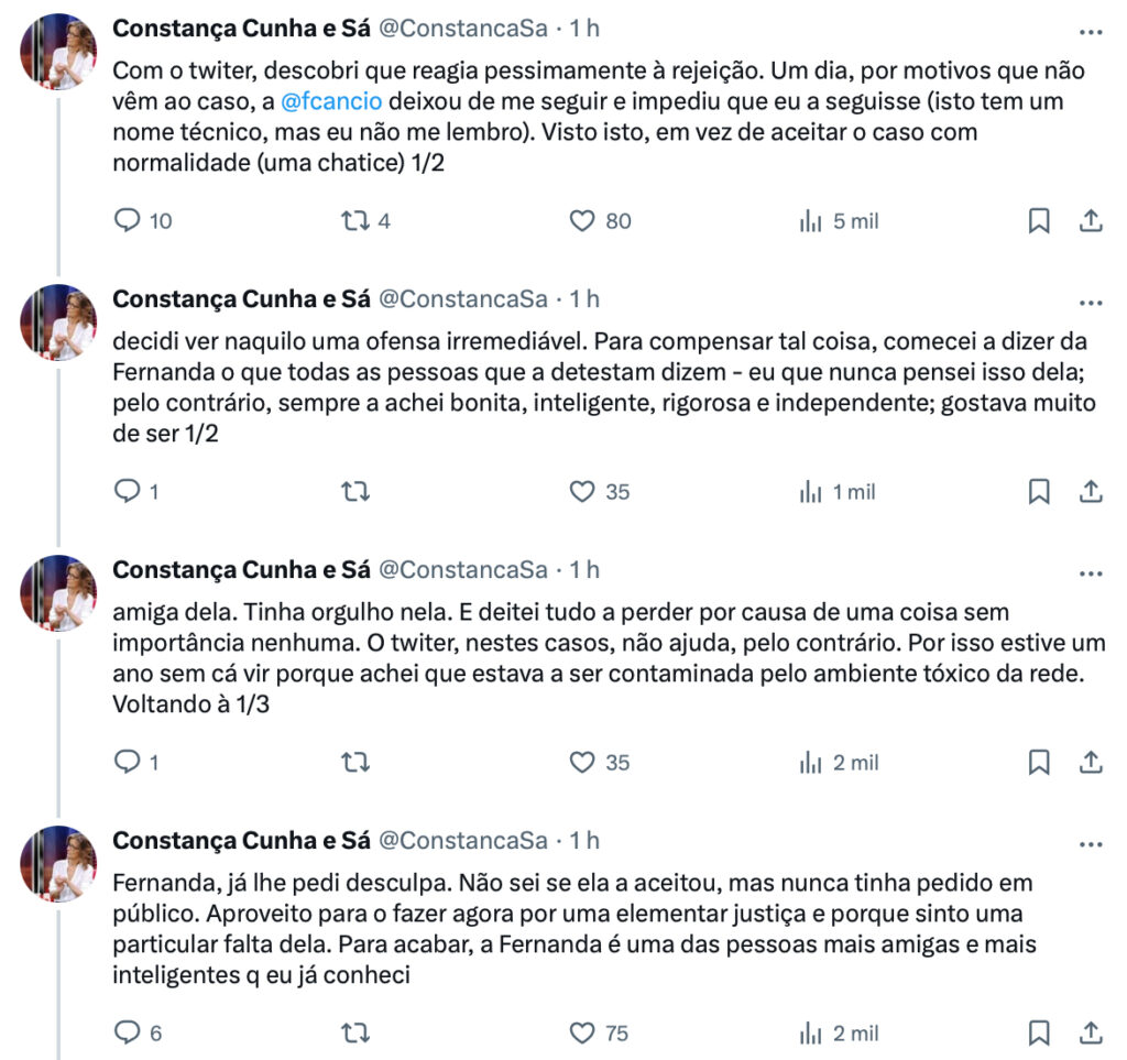 Constança Cunha e Sá pede desculpa a Fernanda Câncio: "Deitei tudo a perder..."