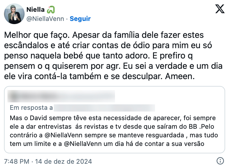 Daniela Ventura lança acusação à família de David Maurício