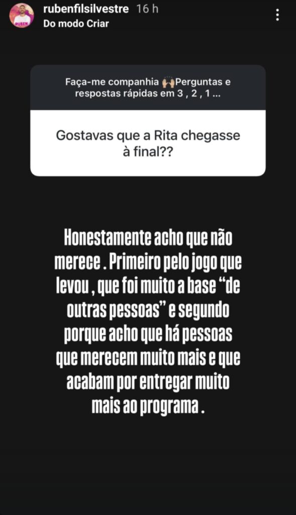 Rúben Silvestre de costas voltadas com Rita Almeida: "Soube de coisas que não me agradaram, não vamos ser amigos"