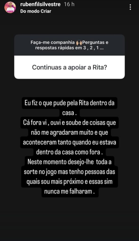 Rúben Silvestre de costas voltadas com Rita Almeida: "Soube de coisas que não me agradaram, não vamos ser amigos"