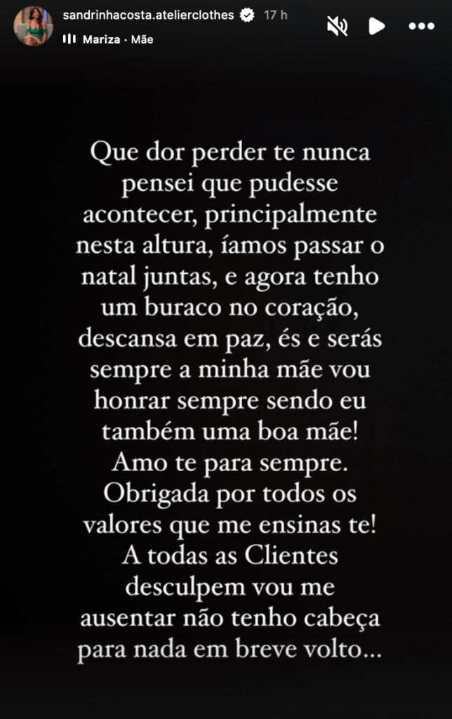 Sandra Costa desabafa após a morte da mãe: "Tenho um buraco no coração"