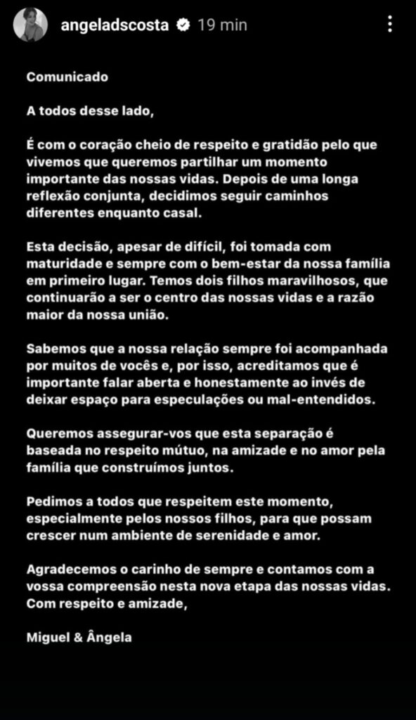 Angie Costa e Miguel Coimbra estão separados! Lê o comunicado do ex-casal