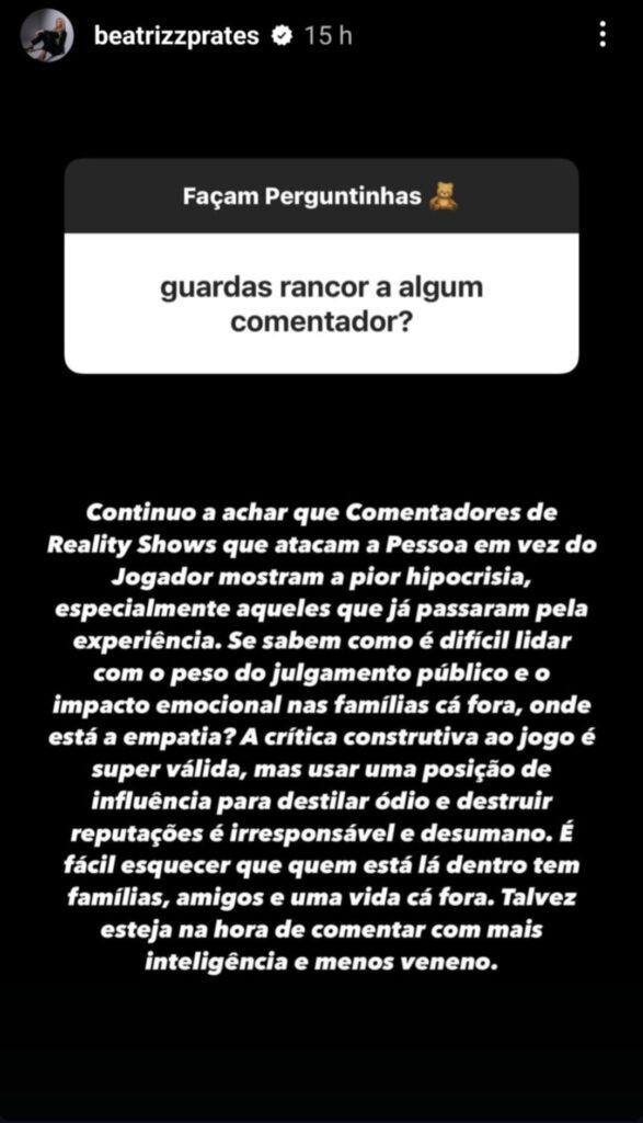 Beatriz Prates não perdoa comentadores: "destilar ódios e destruir reputações é irresponsável e desumano"