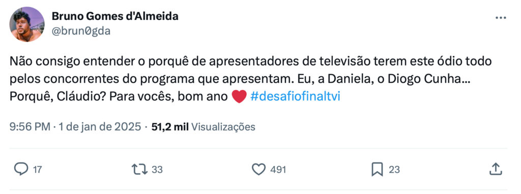 Bruno Almeida questiona ódio de Cláudio Ramos: "Não consigo entender..."