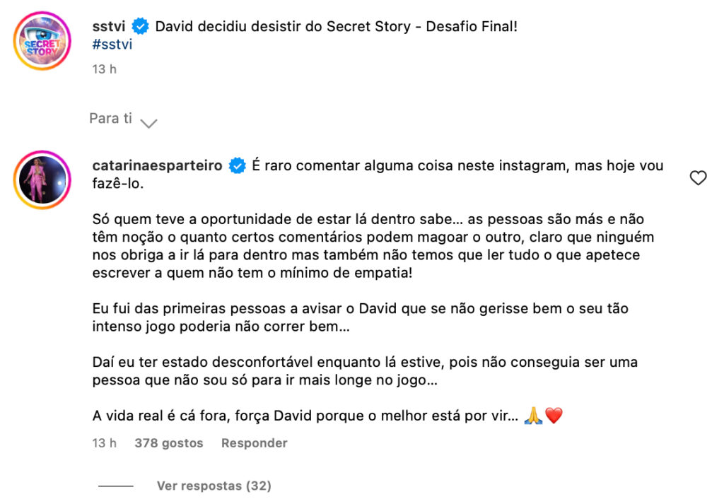 Desafio Final. Catarina Esparteiro comenta desistência de David Maurício e atira: "as pessoas são más"