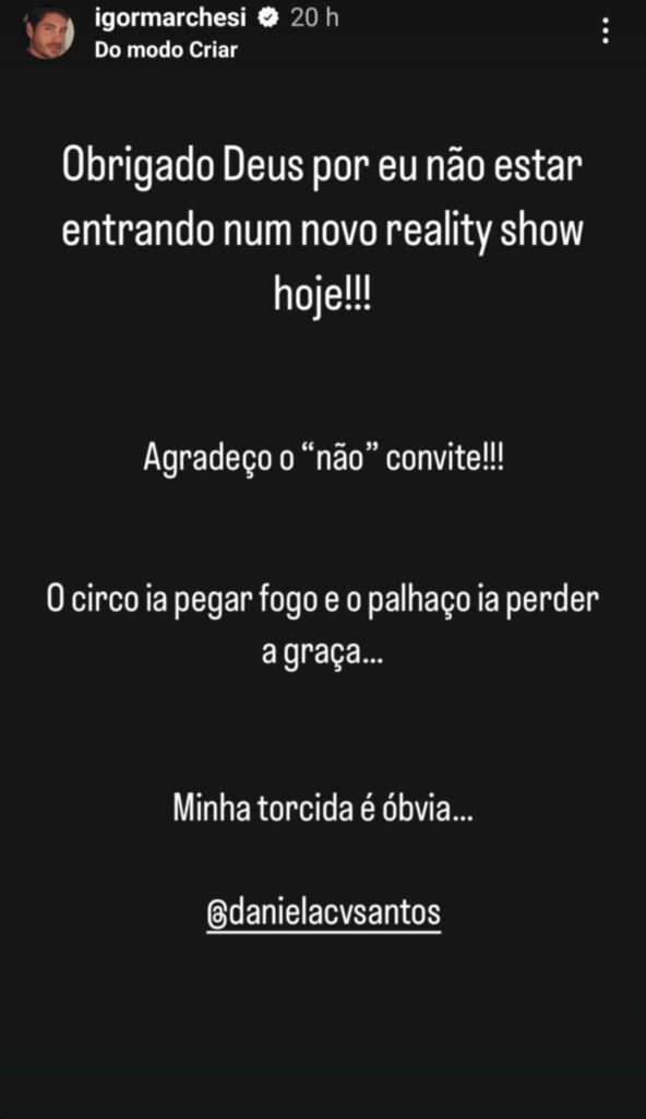 Fora do “Desafio Final”, Igor Marchesi atira: “O circo ia pegar fogo e o palhaço ia perder a graça…”