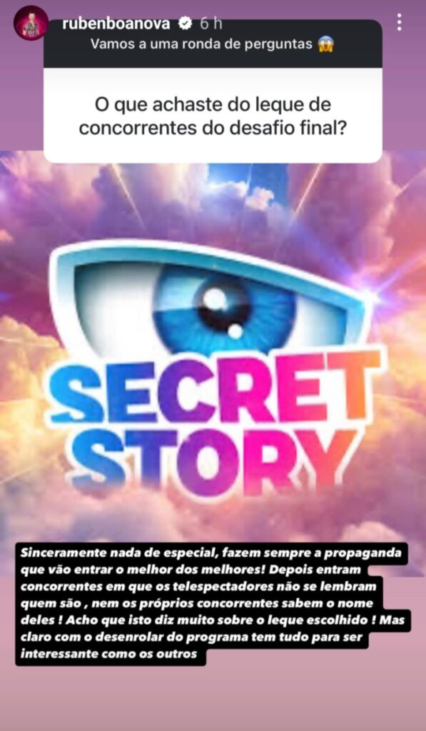 Rúben Boa Nova sobre o elenco do "Secret Story - Desafio Final": "nada de especial"