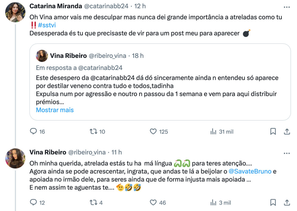 Vina Ribeiro responde ao ataque de Catarina Miranda: "má língua, ingrata"