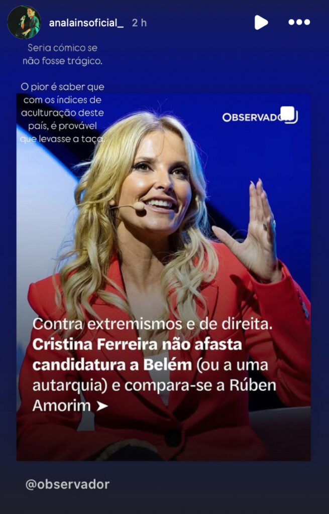 Cristina Ferreira candidata a Belém? "Seria cómico se não fosse trágico", atira cantora