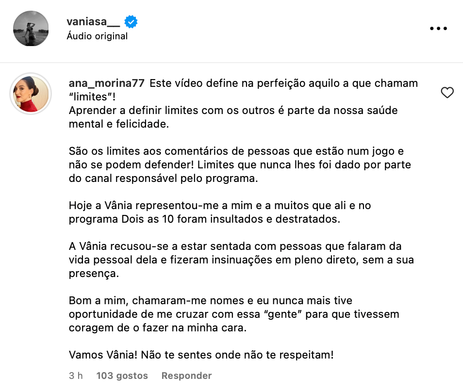 Ana Morina apoia Vânia Sá após barraco na TVI: "Não te sentes onde não te respeitam!"