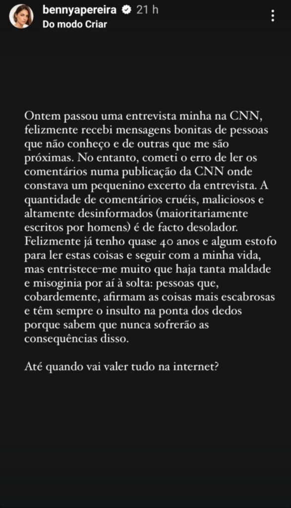 Após entrevista, Benedita Pereira reage às críticas: "entristece-me muito que haja tanta maldade"