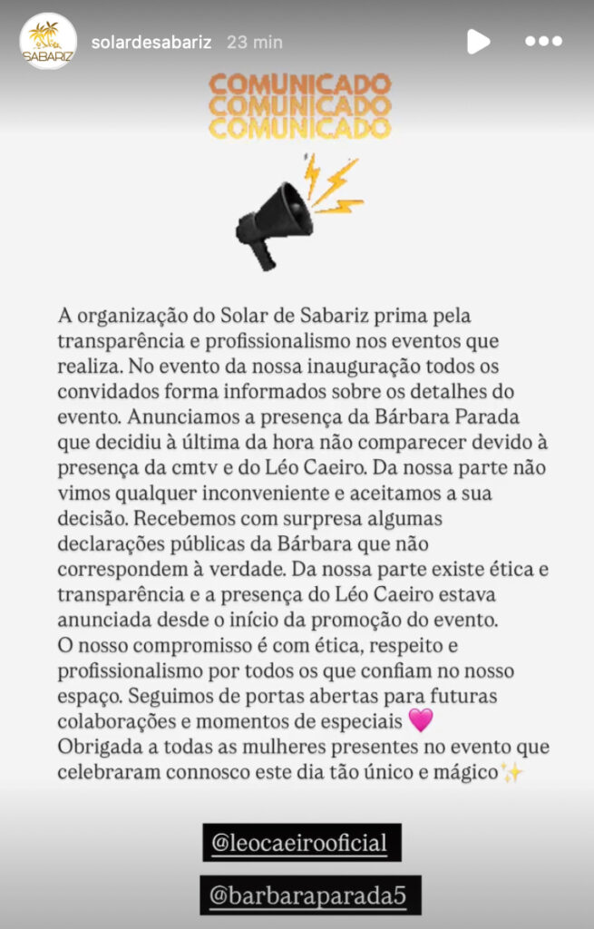 Bárbara Parada falha presença e já saiu um comunicado da organização do evento