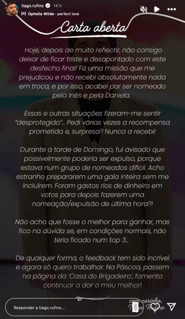 Tiago Rufino: a carta aberta do ex-concorrente após ser expulso do "Desafio Final"