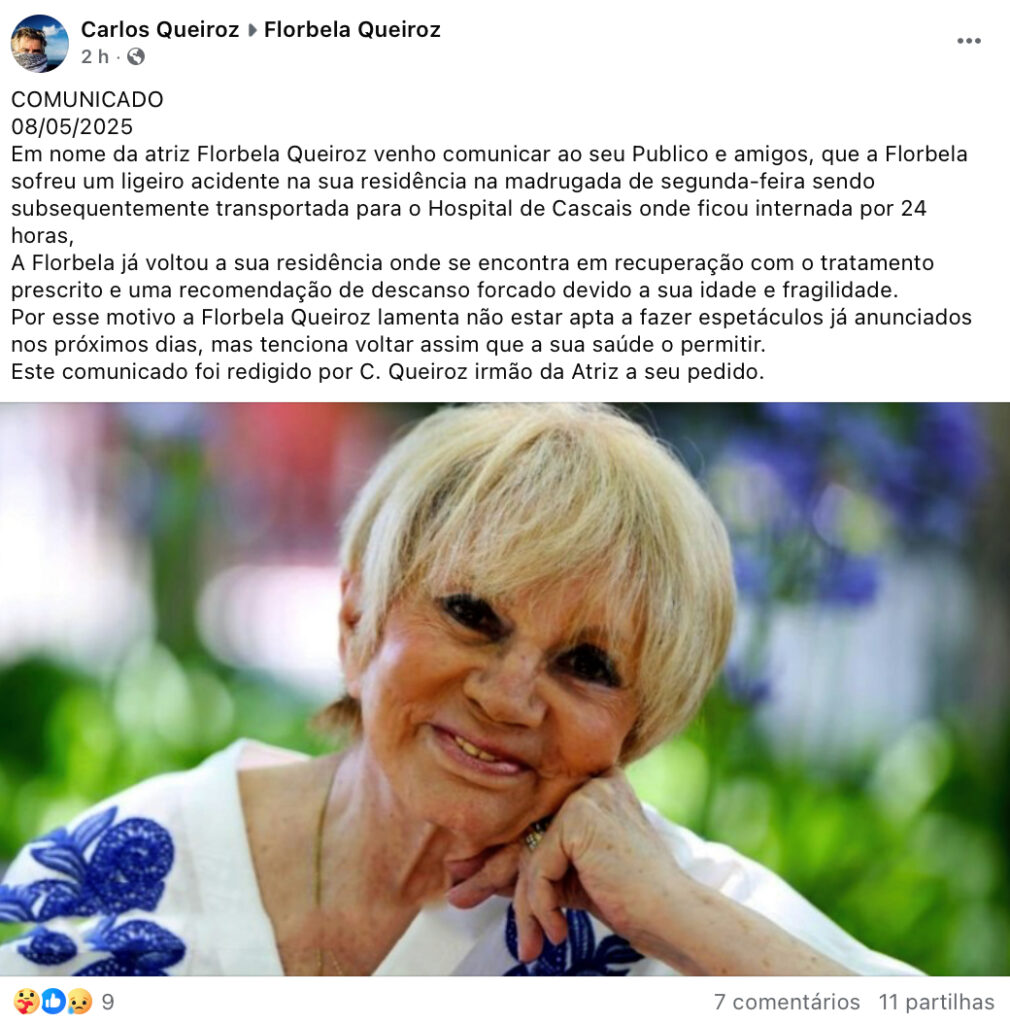 Florbela Queiroz internada após acidente em casa