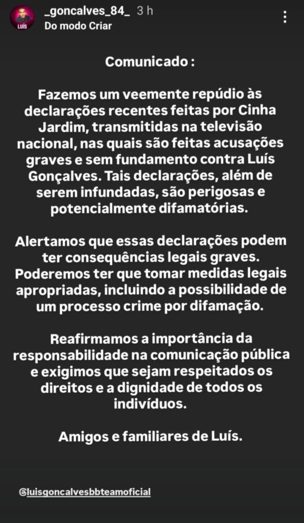 Família de Luís Gonçalves pondera processar Cinha Jardim: "acusações graves e sem fundamento"