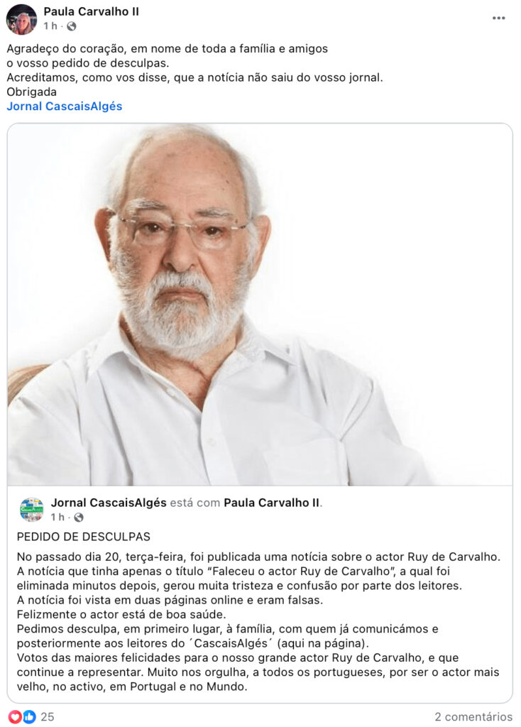 Jornal emite pedido de desculpas após notícia falsa sobre Ruy de Carvalho