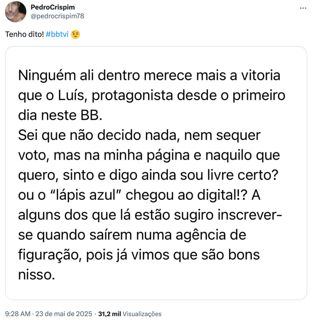 Vencedor do "Big Brother 2025"? Pedro Crispim defende: "Ninguém ali dentro merece mais a vitória do que..."